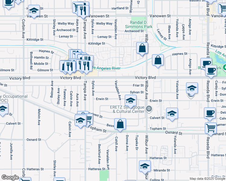 map of restaurants, bars, coffee shops, grocery stores, and more near 19119 Sylvan Street in Los Angeles