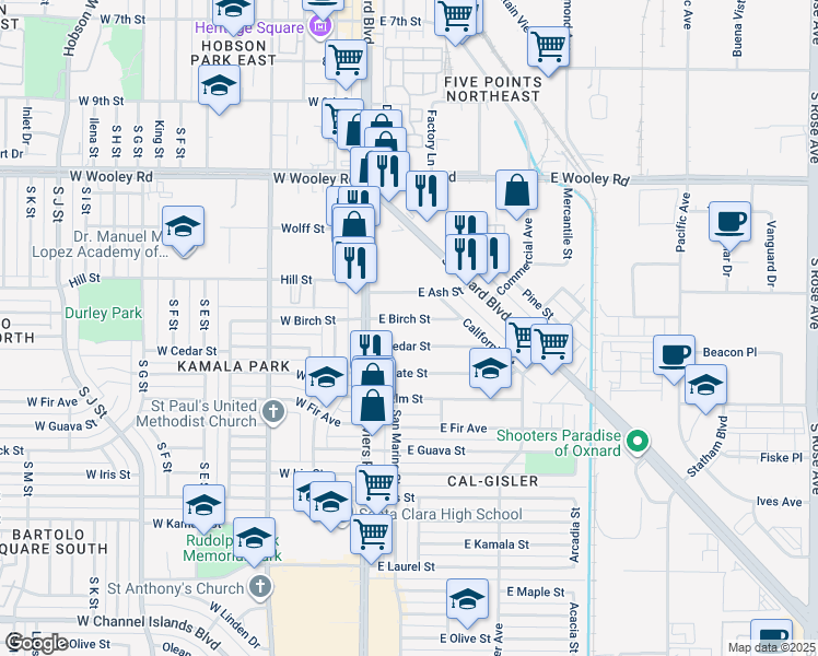 map of restaurants, bars, coffee shops, grocery stores, and more near 134 East Birch Street in Oxnard