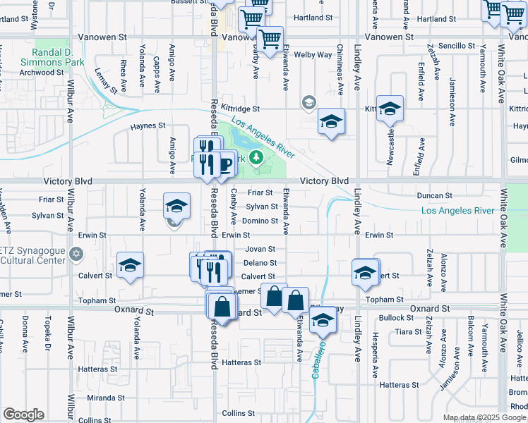 map of restaurants, bars, coffee shops, grocery stores, and more near 18336 Sylvan Street in Los Angeles