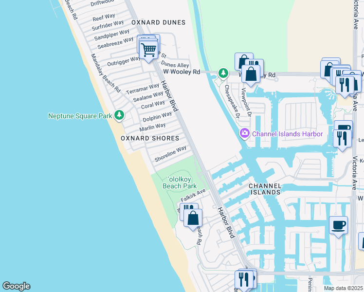 map of restaurants, bars, coffee shops, grocery stores, and more near 4825 Shoreline Way in Oxnard
