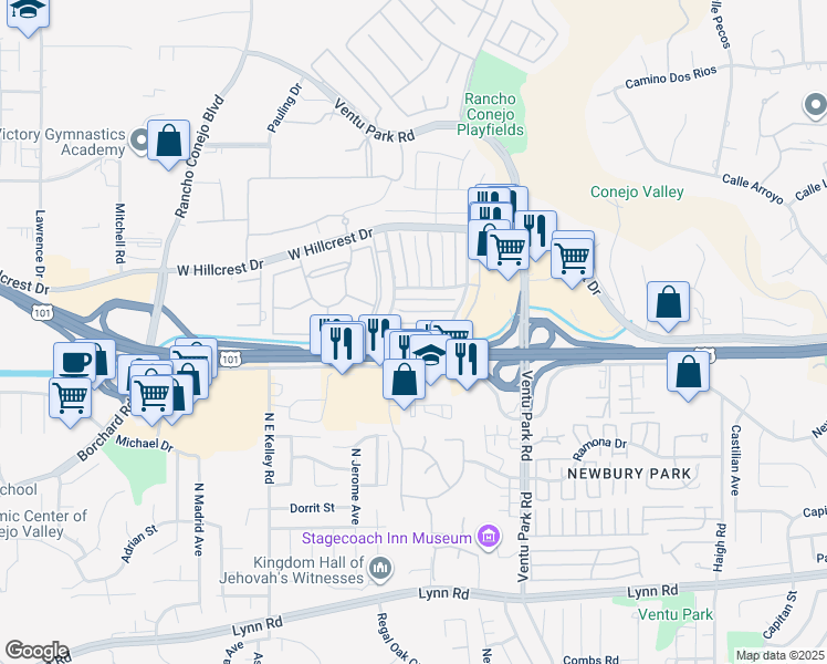 map of restaurants, bars, coffee shops, grocery stores, and more near 1689 Calle Zafiro in Thousand Oaks