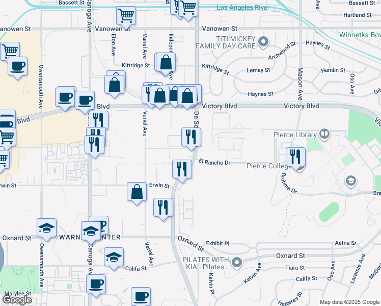 map of restaurants, bars, coffee shops, grocery stores, and more near 6301 De Soto Avenue in Los Angeles