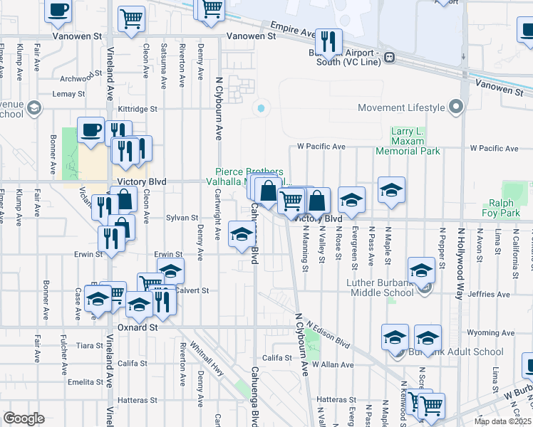 map of restaurants, bars, coffee shops, grocery stores, and more near 10544 Victory Boulevard in Los Angeles
