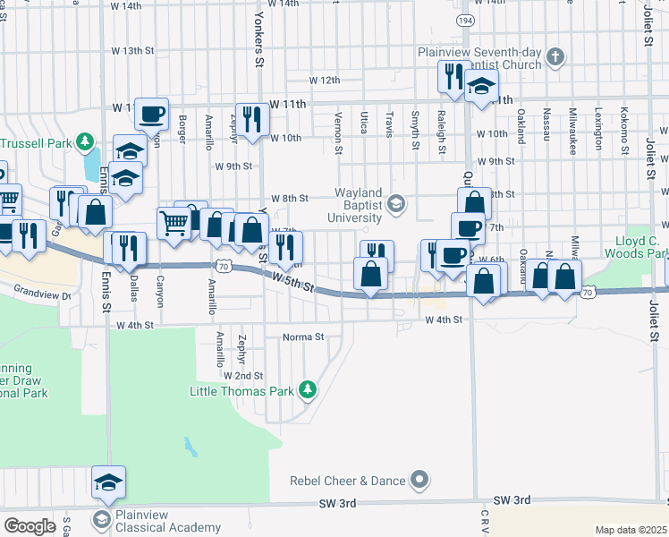 map of restaurants, bars, coffee shops, grocery stores, and more near 510 Wayland Street in Plainview