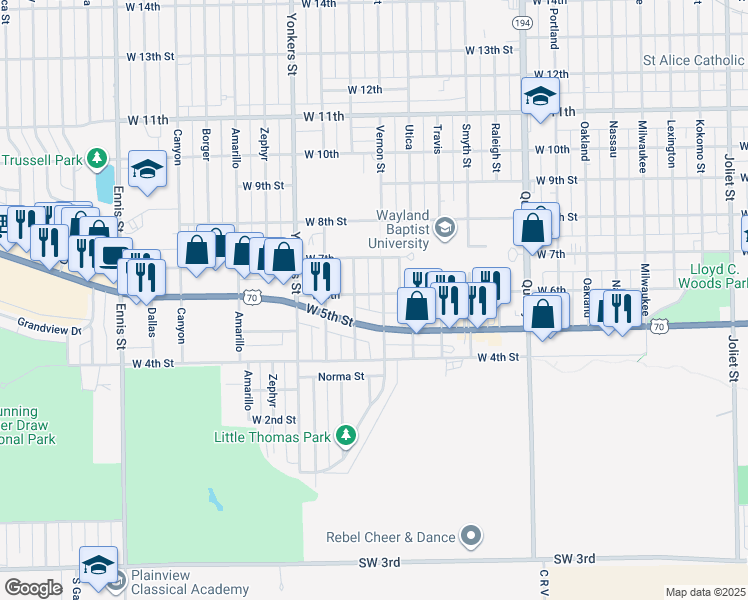 map of restaurants, bars, coffee shops, grocery stores, and more near 510 Wayland Street in Plainview