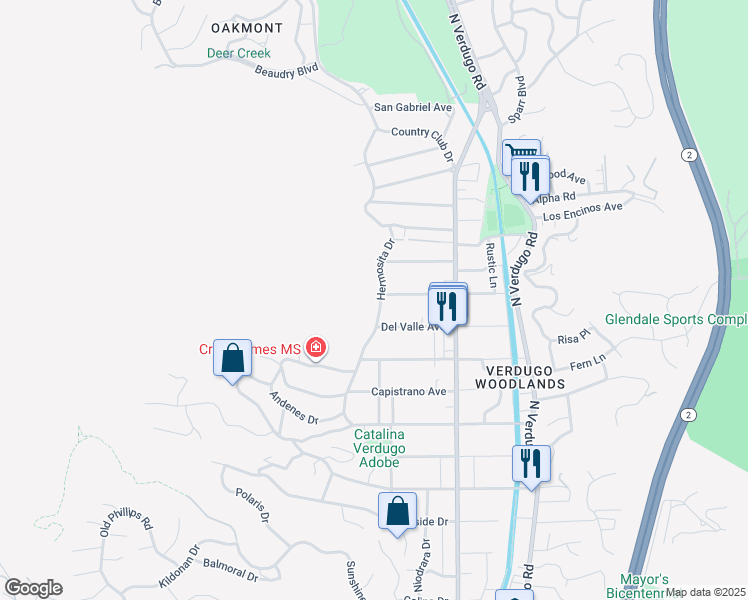 map of restaurants, bars, coffee shops, grocery stores, and more near 2621 Hermosita Drive in Glendale