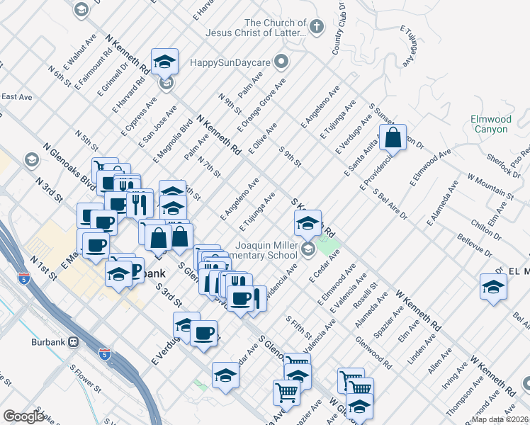 map of restaurants, bars, coffee shops, grocery stores, and more near 638 East Tujunga Avenue in Burbank