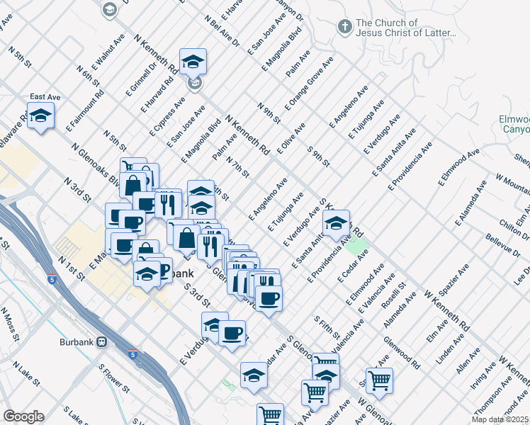map of restaurants, bars, coffee shops, grocery stores, and more near 614 East Angeleno Avenue in Burbank