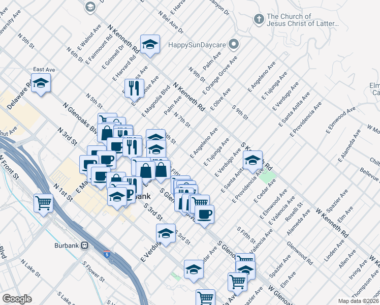 map of restaurants, bars, coffee shops, grocery stores, and more near 111 South 6th Street in Burbank