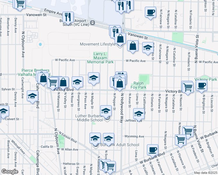 map of restaurants, bars, coffee shops, grocery stores, and more near 3703 West Victory Boulevard in Burbank
