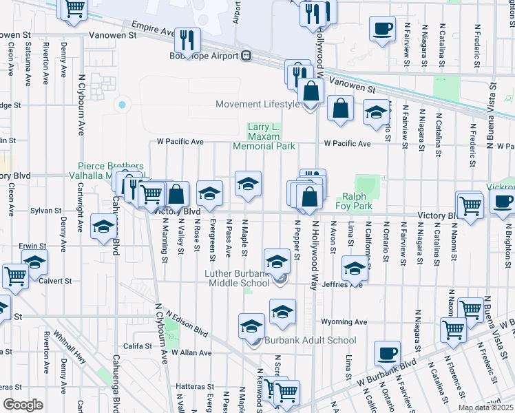 map of restaurants, bars, coffee shops, grocery stores, and more near 3813 West Victory Boulevard in Burbank