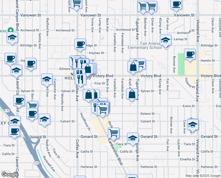 map of restaurants, bars, coffee shops, grocery stores, and more near 6302 Beck Avenue in Los Angeles