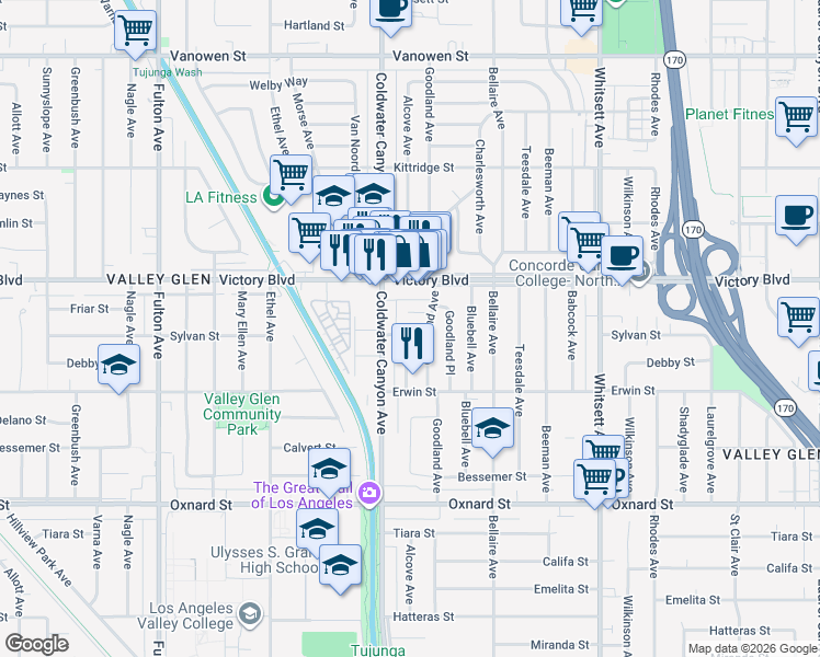 map of restaurants, bars, coffee shops, grocery stores, and more near 12833 Sylvan Street in Los Angeles