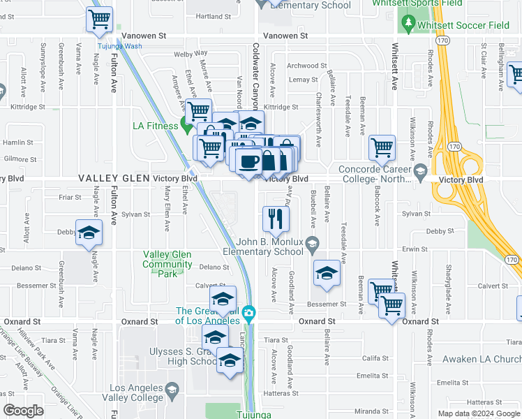 map of restaurants, bars, coffee shops, grocery stores, and more near 12833 Sylvan Street in Los Angeles