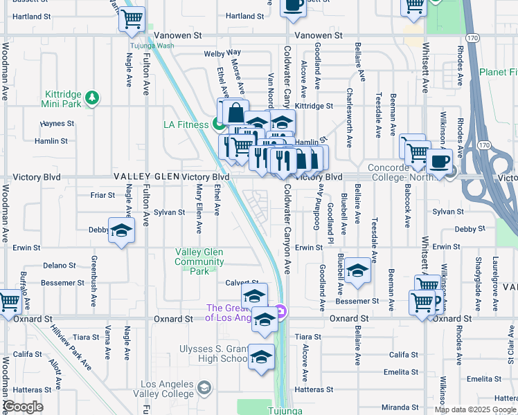 map of restaurants, bars, coffee shops, grocery stores, and more near 6217 Morse Avenue in Los Angeles
