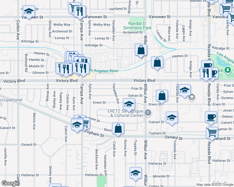 map of restaurants, bars, coffee shops, grocery stores, and more near 19055 Sylvan Street in Los Angeles