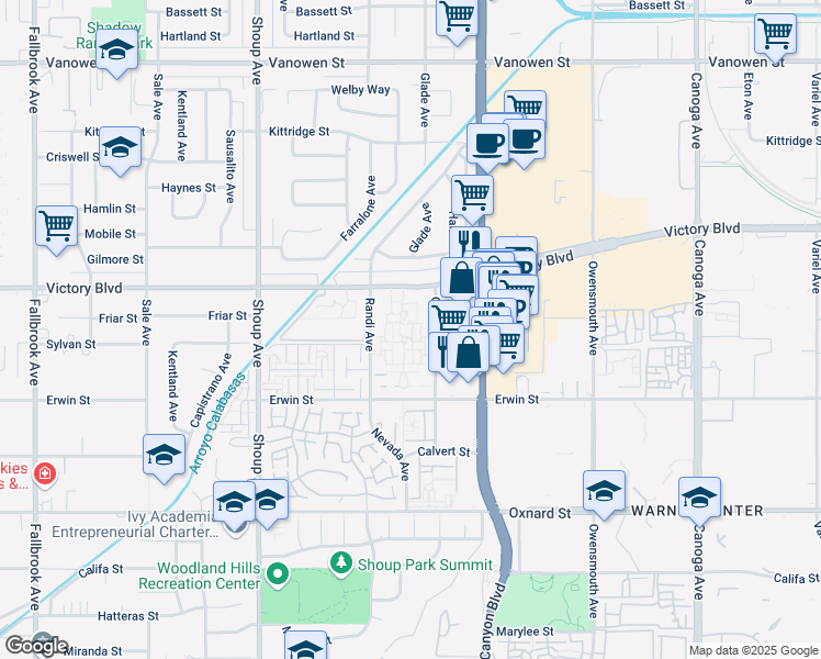 map of restaurants, bars, coffee shops, grocery stores, and more near 6331 Glade Avenue in Los Angeles