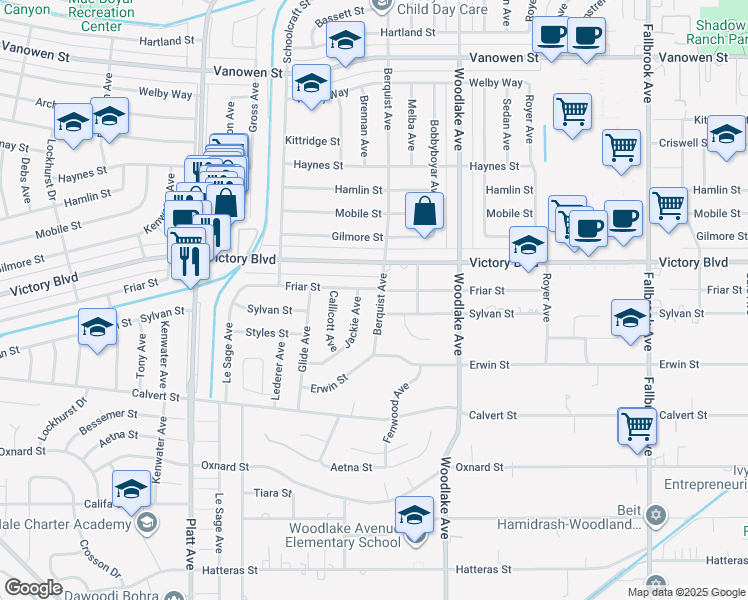 map of restaurants, bars, coffee shops, grocery stores, and more near 6311 Berquist Avenue in Los Angeles