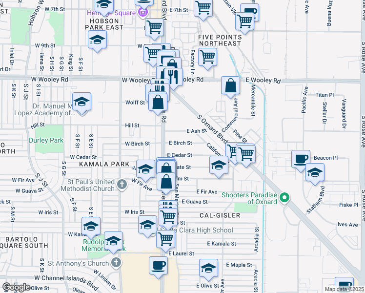map of restaurants, bars, coffee shops, grocery stores, and more near 134 East Birch Street in Oxnard