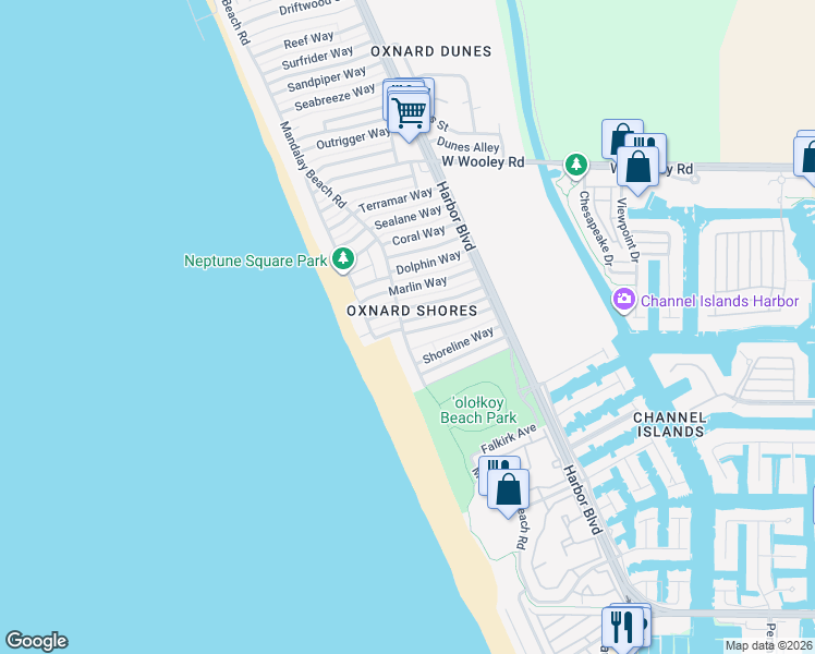 map of restaurants, bars, coffee shops, grocery stores, and more near 1460 Mandalay Beach Road in Oxnard