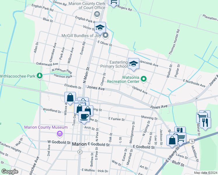 map of restaurants, bars, coffee shops, grocery stores, and more near 307 Jones Avenue in Marion