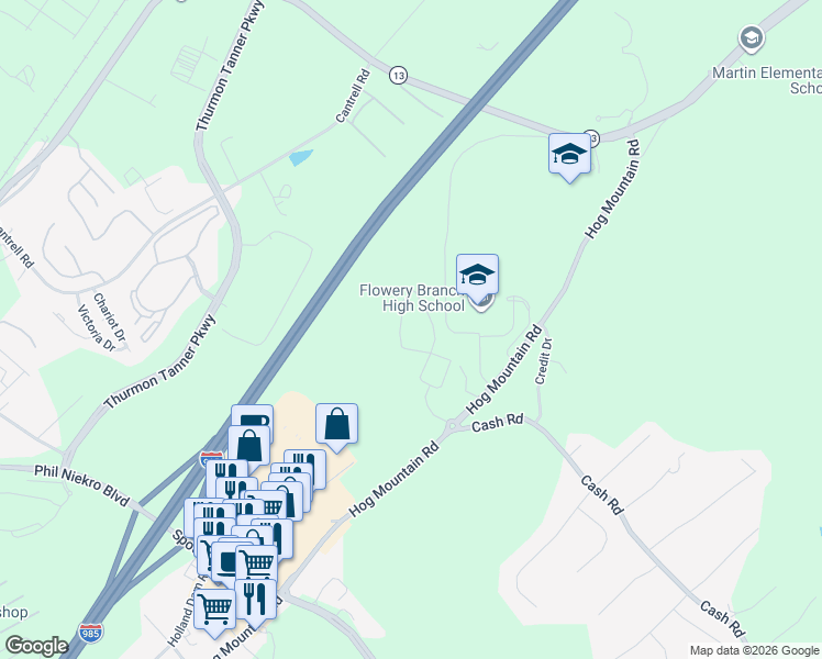 map of restaurants, bars, coffee shops, grocery stores, and more near 4000 Findley Drive in Flowery Branch