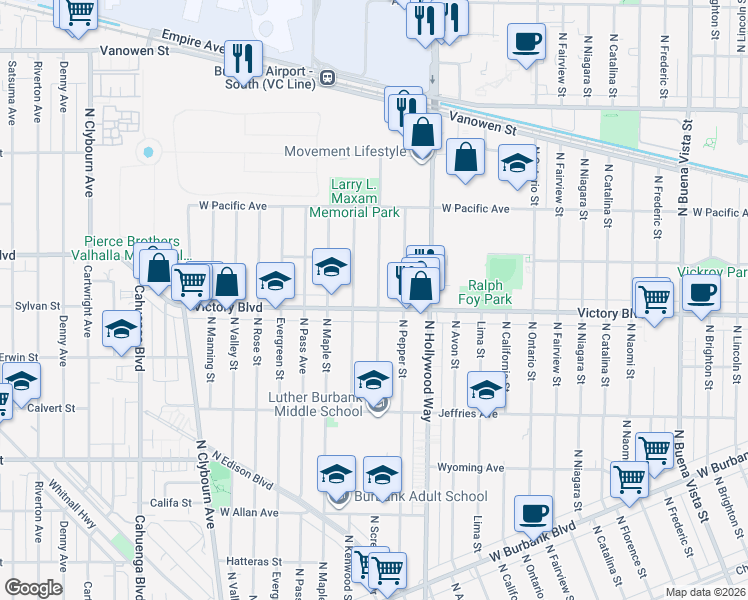 map of restaurants, bars, coffee shops, grocery stores, and more near 3703 West Victory Boulevard in Burbank