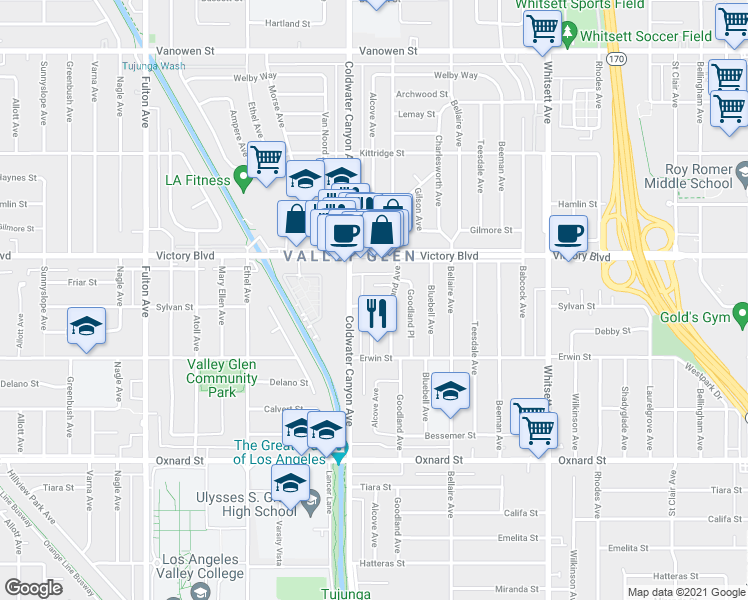 map of restaurants, bars, coffee shops, grocery stores, and more near 12827 Sylvan Street in Los Angeles