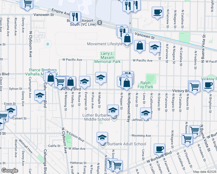 map of restaurants, bars, coffee shops, grocery stores, and more near 3721 West Victory Boulevard in Burbank