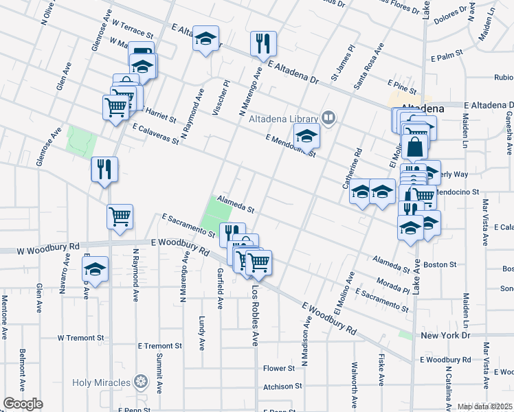 map of restaurants, bars, coffee shops, grocery stores, and more near 2299 Santa Anita Avenue in Altadena