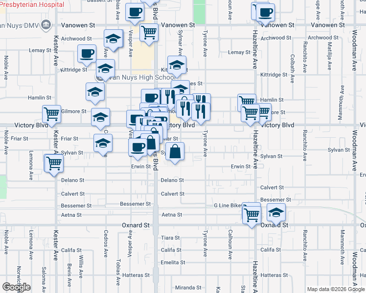 map of restaurants, bars, coffee shops, grocery stores, and more near 6310 Sylmar Avenue in Los Angeles