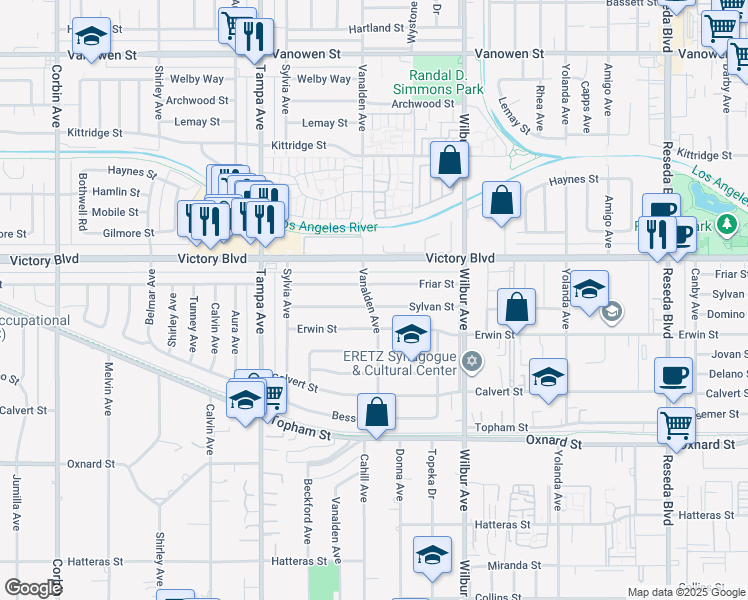 map of restaurants, bars, coffee shops, grocery stores, and more near 19055 Sylvan Street in Los Angeles