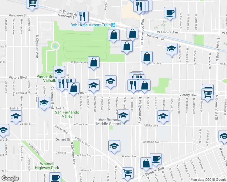 map of restaurants, bars, coffee shops, grocery stores, and more near 3813 W Victory Blvd in Burbank
