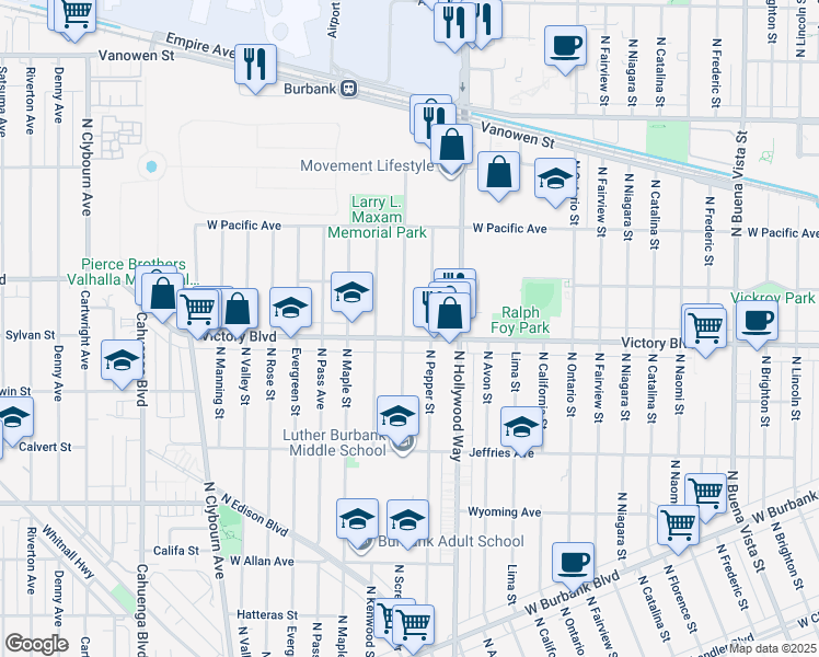 map of restaurants, bars, coffee shops, grocery stores, and more near 3623 West Victory Boulevard in Burbank