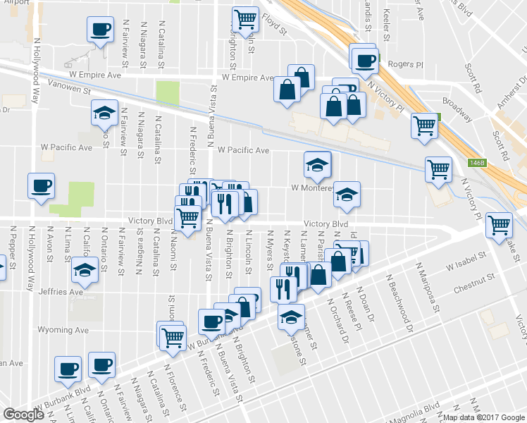 map of restaurants, bars, coffee shops, grocery stores, and more near 1417 North Myers Street in Burbank