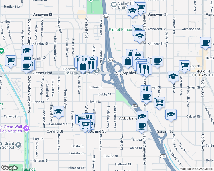 map of restaurants, bars, coffee shops, grocery stores, and more near 12343 Sylvan Street in Los Angeles