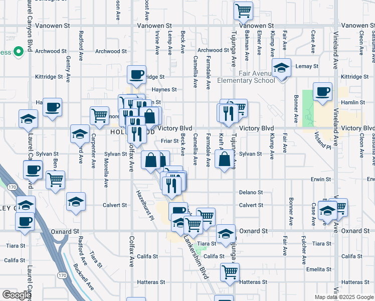 map of restaurants, bars, coffee shops, grocery stores, and more near 6302 Beck Avenue in Los Angeles