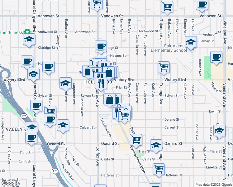 map of restaurants, bars, coffee shops, grocery stores, and more near 11621 Sylvan Street in Los Angeles