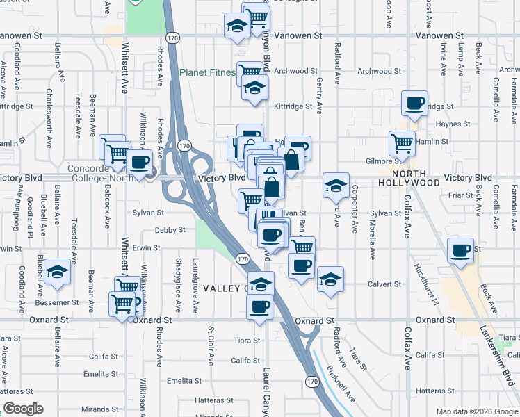 map of restaurants, bars, coffee shops, grocery stores, and more near 6320 Laurel Canyon Boulevard in Los Angeles
