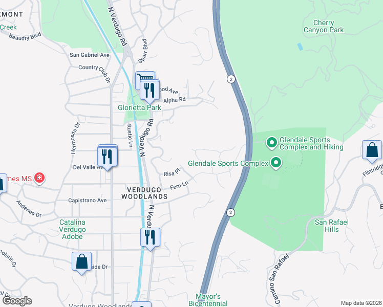 map of restaurants, bars, coffee shops, grocery stores, and more near 2461 Allanjay Place in Glendale
