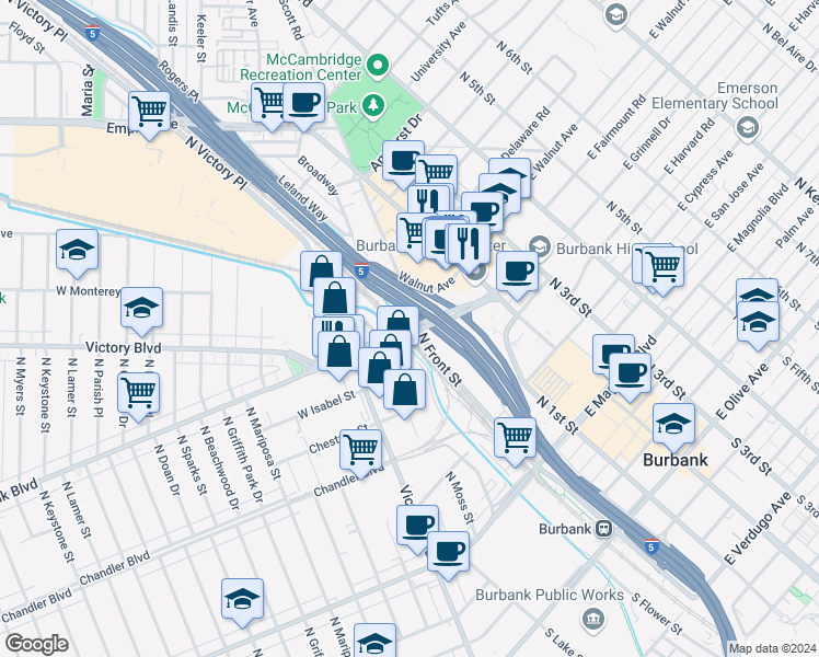 map of restaurants, bars, coffee shops, grocery stores, and more near 17 Burbank Boulevard in Burbank
