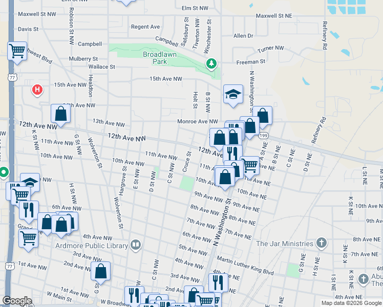 map of restaurants, bars, coffee shops, grocery stores, and more near 1122 Cruce Street in Ardmore