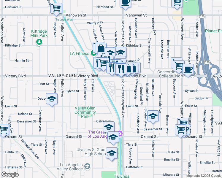 map of restaurants, bars, coffee shops, grocery stores, and more near 6217 Morse Avenue in Los Angeles