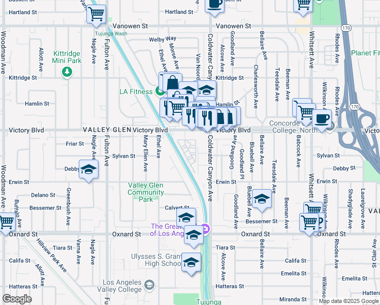 map of restaurants, bars, coffee shops, grocery stores, and more near 6333 Morse Avenue in Los Angeles