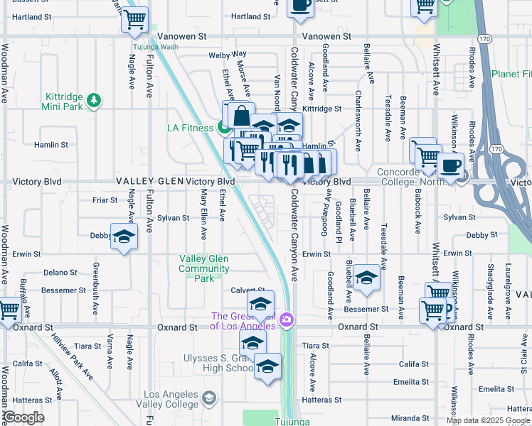 map of restaurants, bars, coffee shops, grocery stores, and more near 6227 Morse Avenue in Los Angeles
