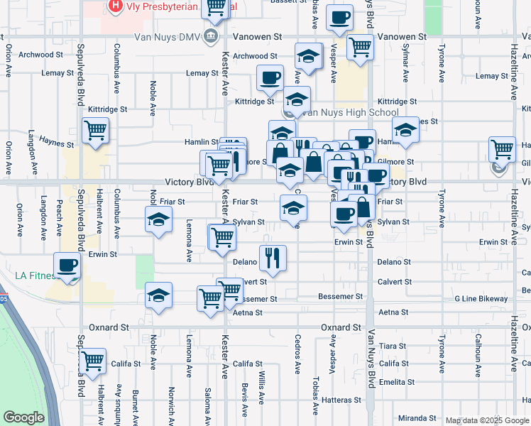 map of restaurants, bars, coffee shops, grocery stores, and more near 14753 Sylvan Street in Los Angeles