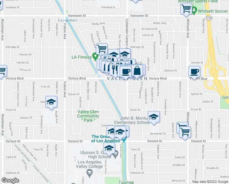 map of restaurants, bars, coffee shops, grocery stores, and more near 6217 Morse Avenue in Los Angeles