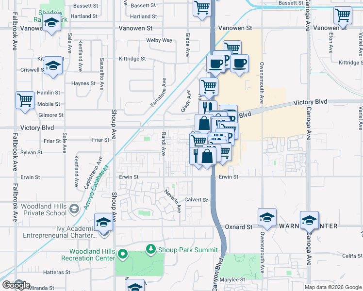 map of restaurants, bars, coffee shops, grocery stores, and more near 22122 Victory Blvd in Woodland Hills