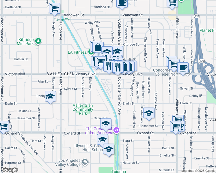 map of restaurants, bars, coffee shops, grocery stores, and more near 6221 Morse Avenue in Los Angeles