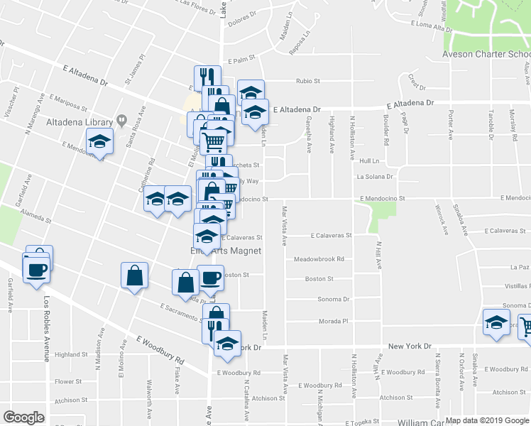 map of restaurants, bars, coffee shops, grocery stores, and more near 2284 Maiden Lane in Altadena